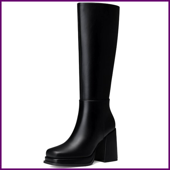 Women's Knee High Boots 3.5 Inch Chunky Heel Platform Square Toe Zipper